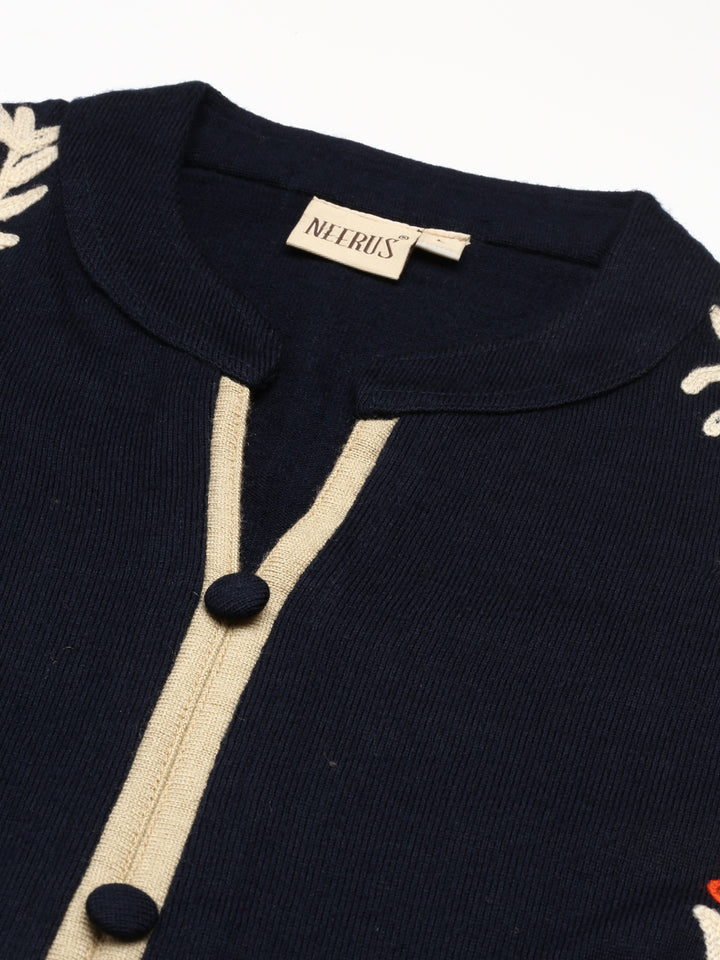 Neerus Blue cotton embroidered straight kurta - detail view 3