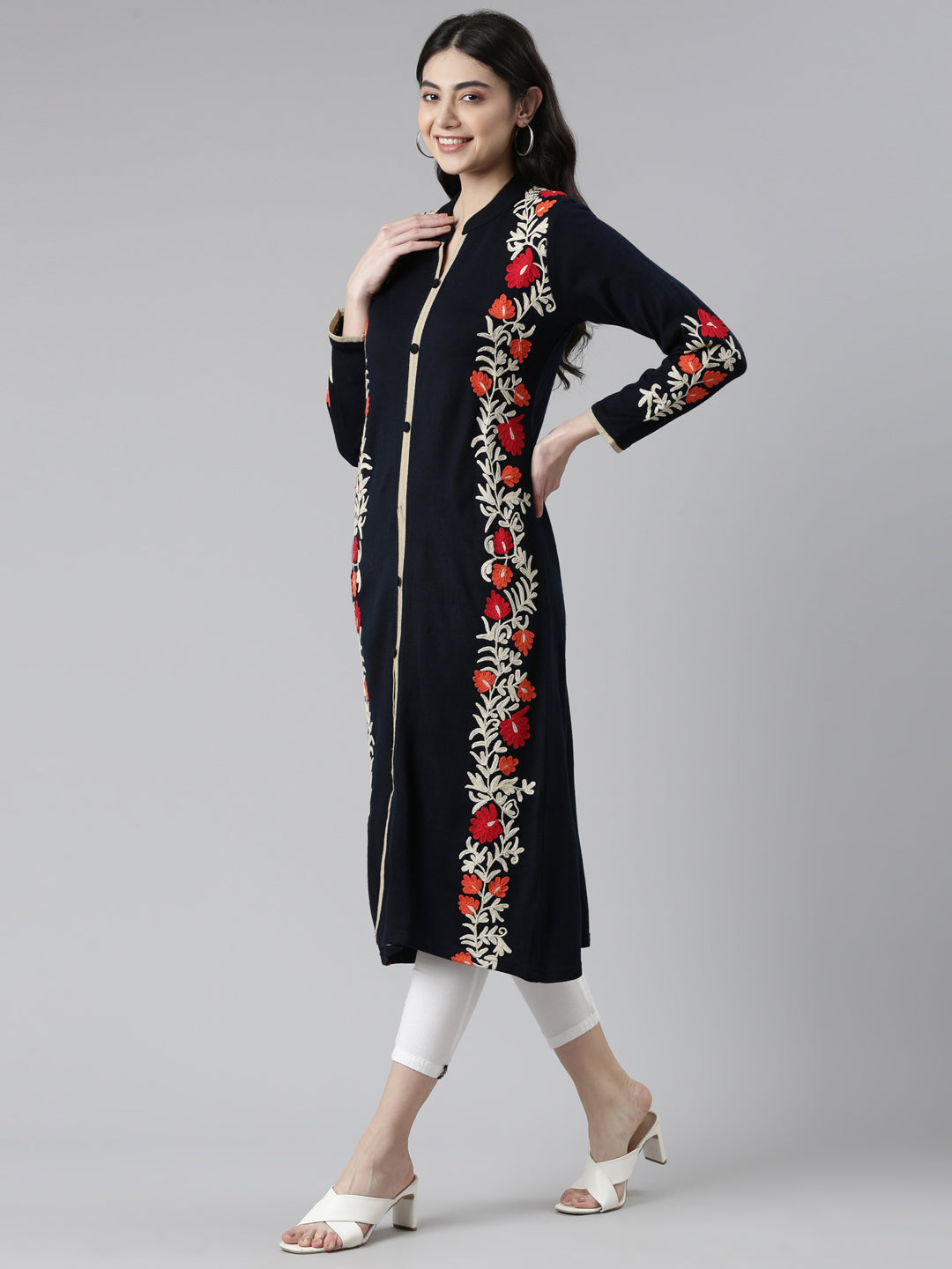 Neerus Blue cotton embroidered straight kurta - back view