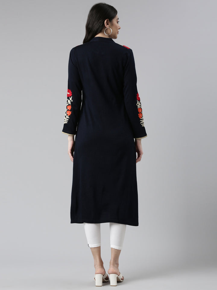 Neerus Blue cotton embroidered straight kurta - side view