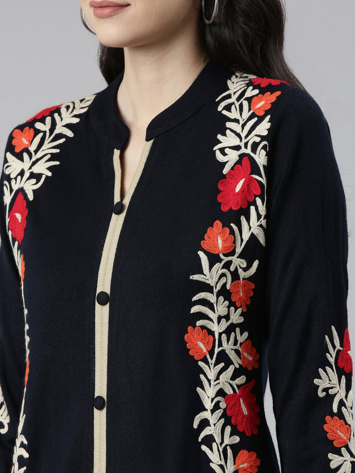 Neerus Blue cotton embroidered straight kurta - detail view 1