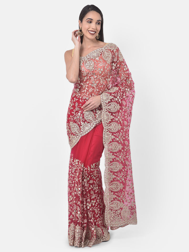 Neerus Pink net embellished saree - front view