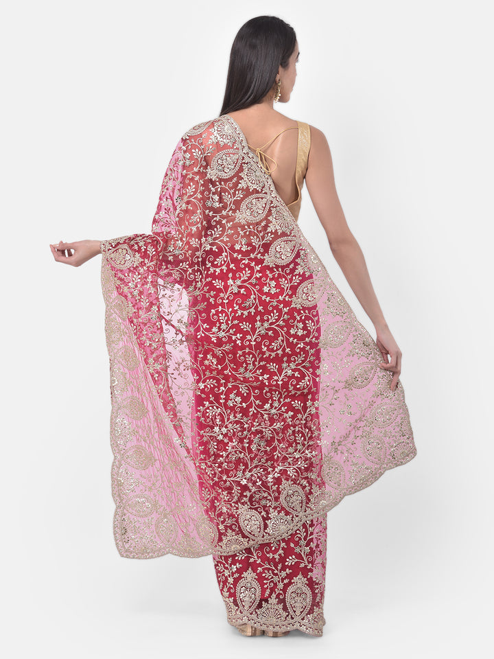 Neerus Pink net embellished saree - back view