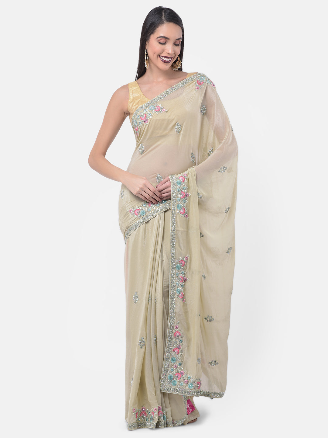 Neerus Olive Color Crepe Fabric Saree