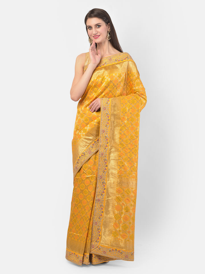 Neerus Yellow Banarasi woven saree - front view