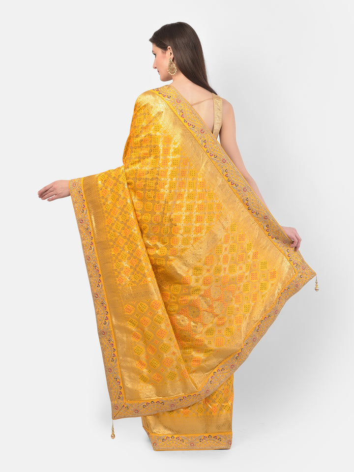 Neerus Yellow Banarasi woven saree - back view