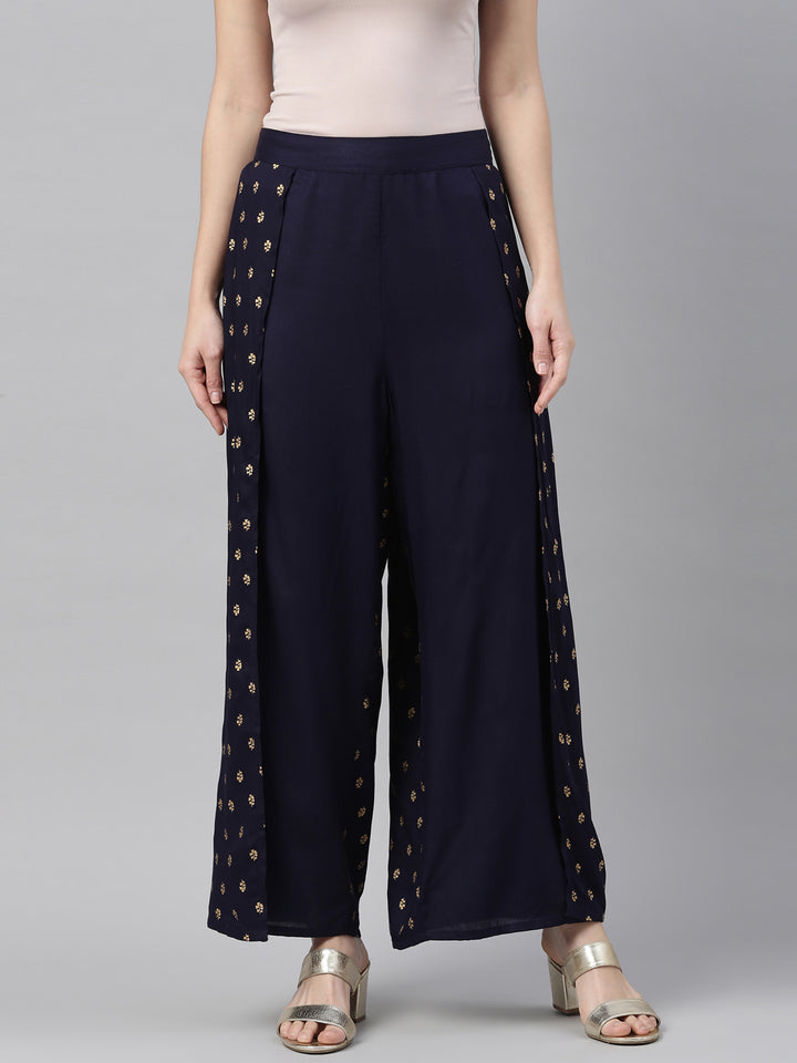 Neerus Blue polyester solid palazzo bottom - back view