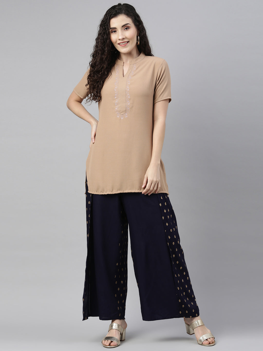 Neerus Blue polyester solid palazzo bottom - front view