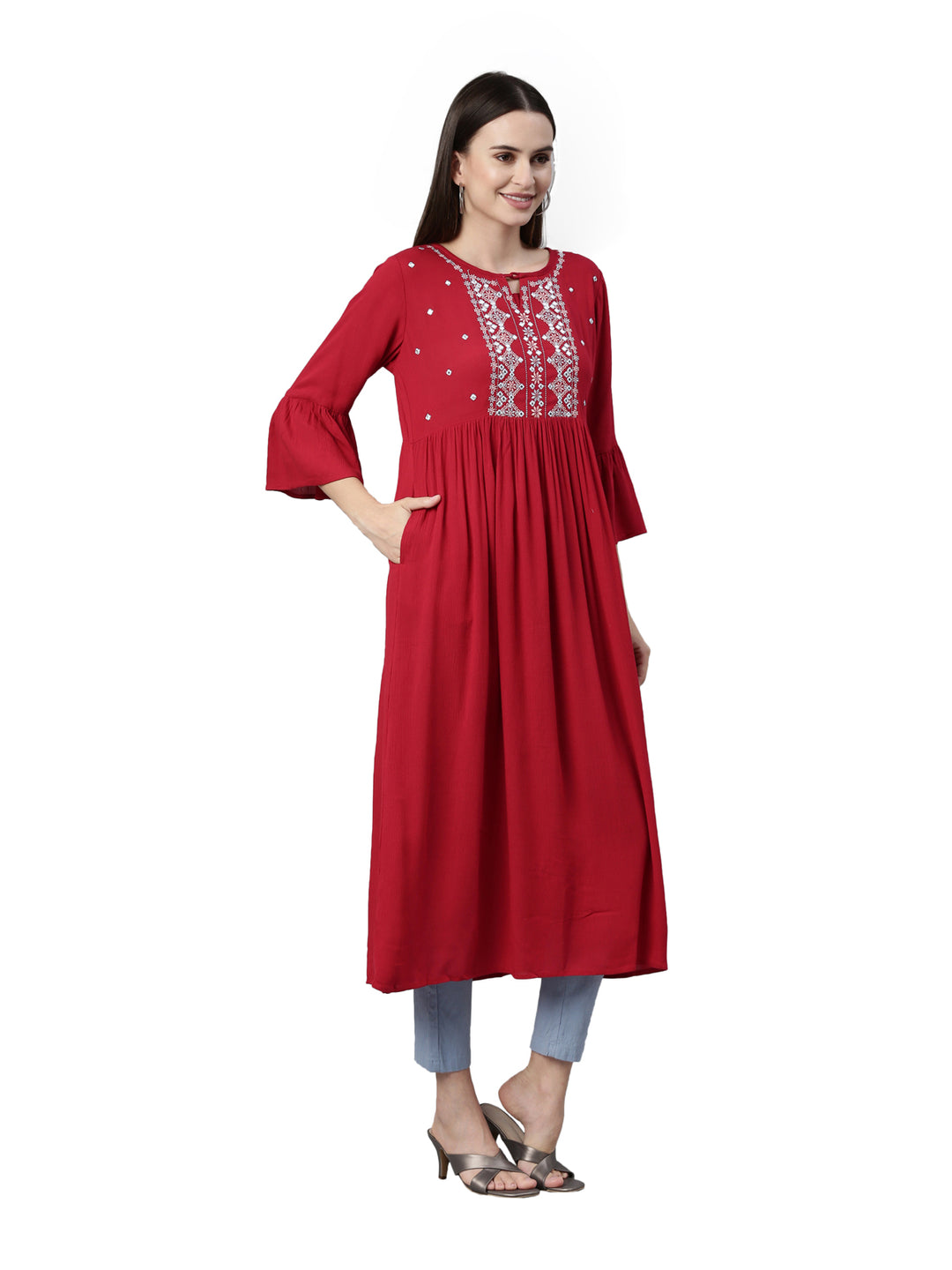 Neerus Maroon Color Rayon Fabric Kurta