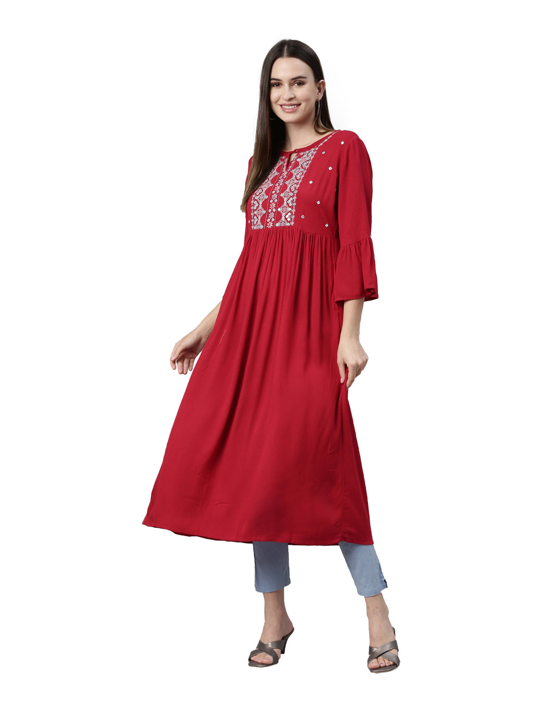 Neerus Maroon Color Rayon Fabric Kurta