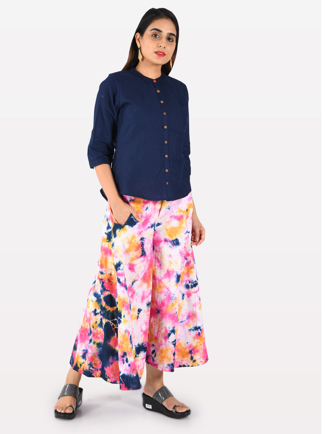 Neerus Blue & White Top & Palazzo Set