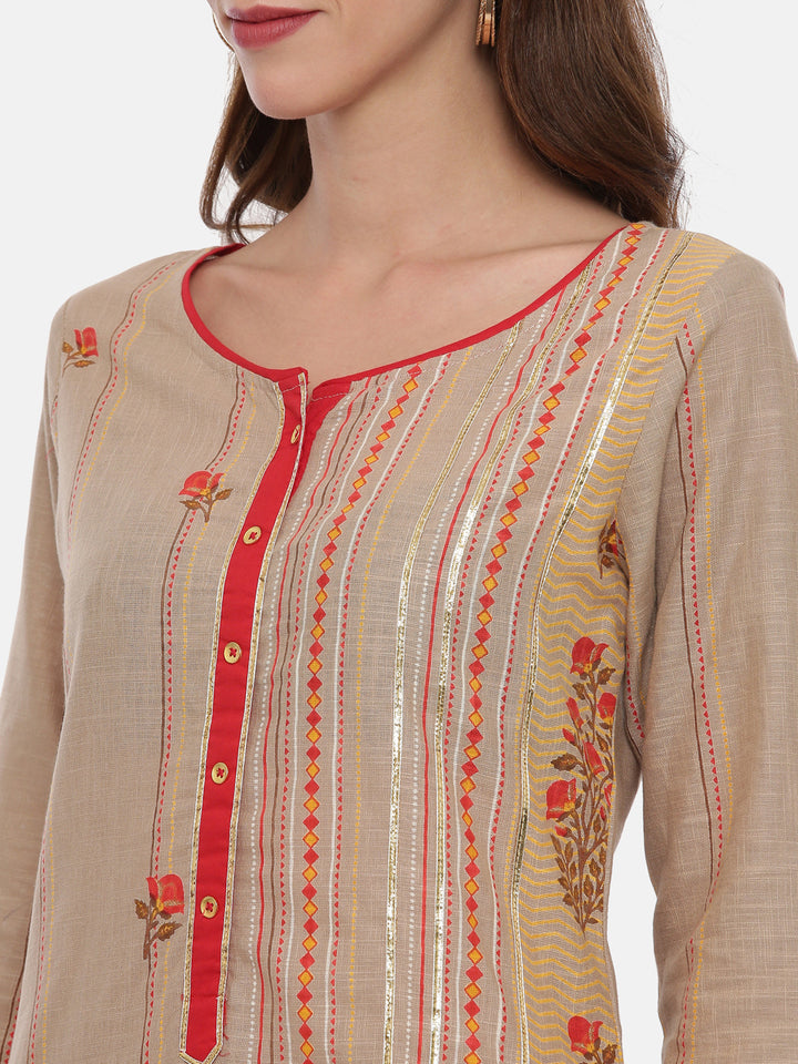 Neerus Beige & Red Printed Kurta Pant Set