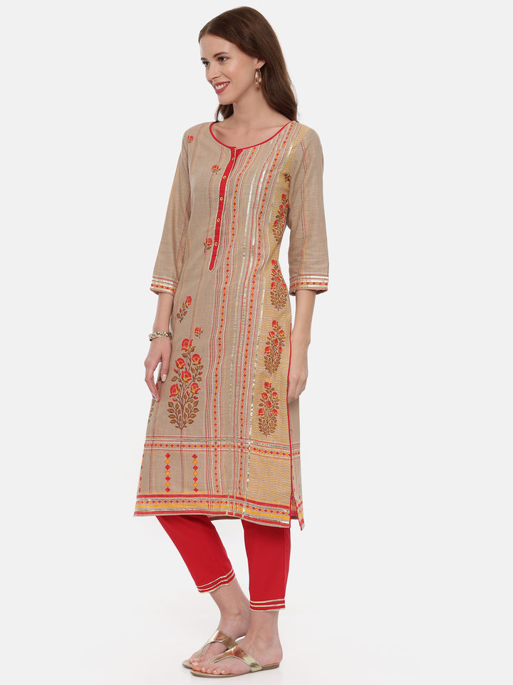 Neerus Beige & Red Printed Kurta Pant Set