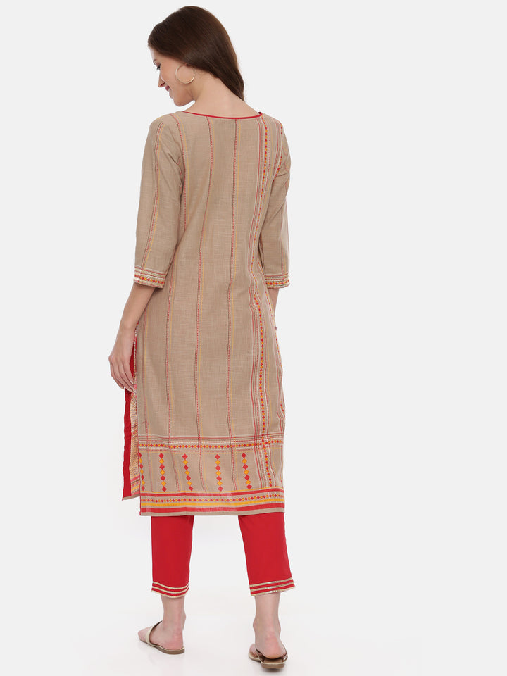 Neerus Beige & Red Printed Kurta Pant Set