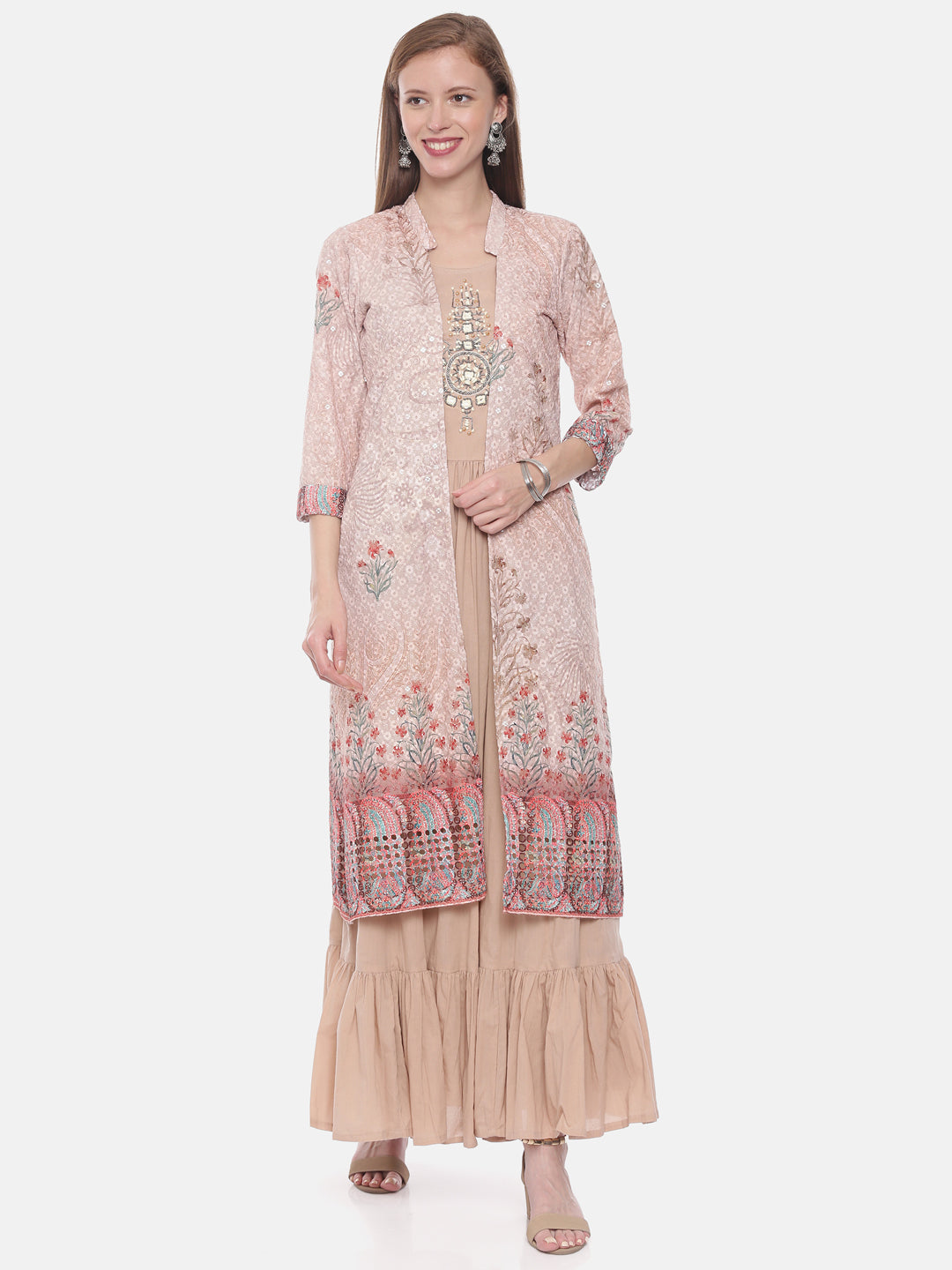 Neerus Peach Embellished A Line Kurta With Shrug