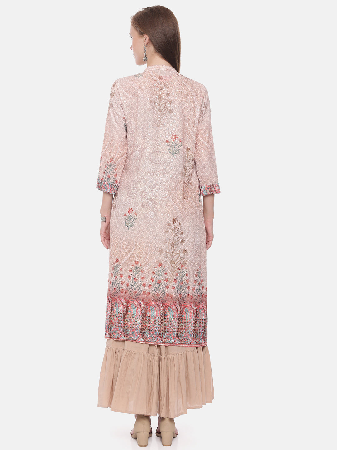 Neerus Peach Embellished A Line Kurta With Shrug