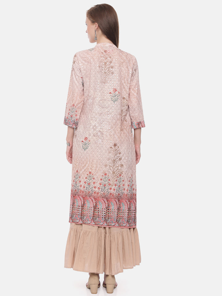 Neerus Peach Embellished A Line Kurta With Shrug