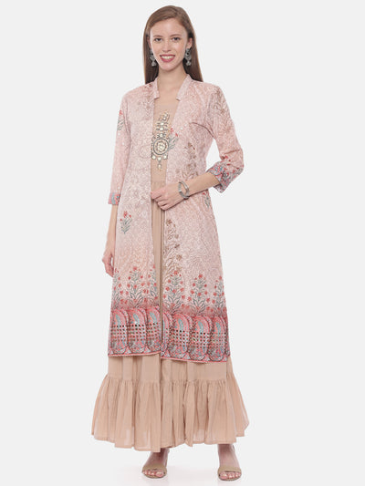 Neeru's Peach Embellished A Line Kurta With Shrug