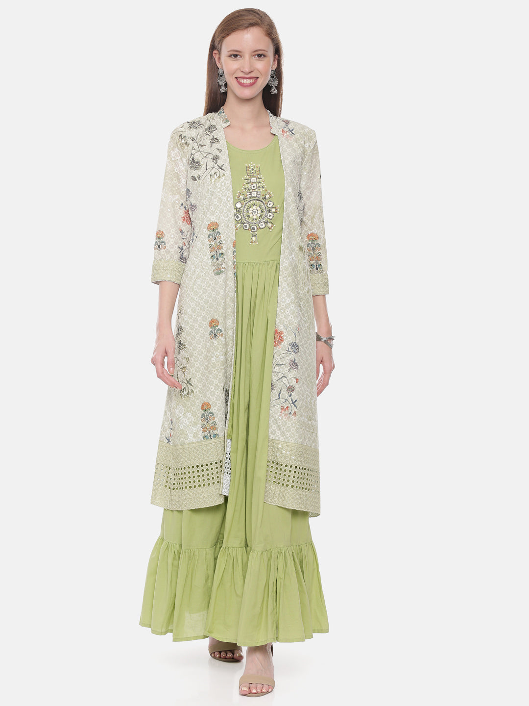 Neerus Green Embellished A Line Kurta With Shrug