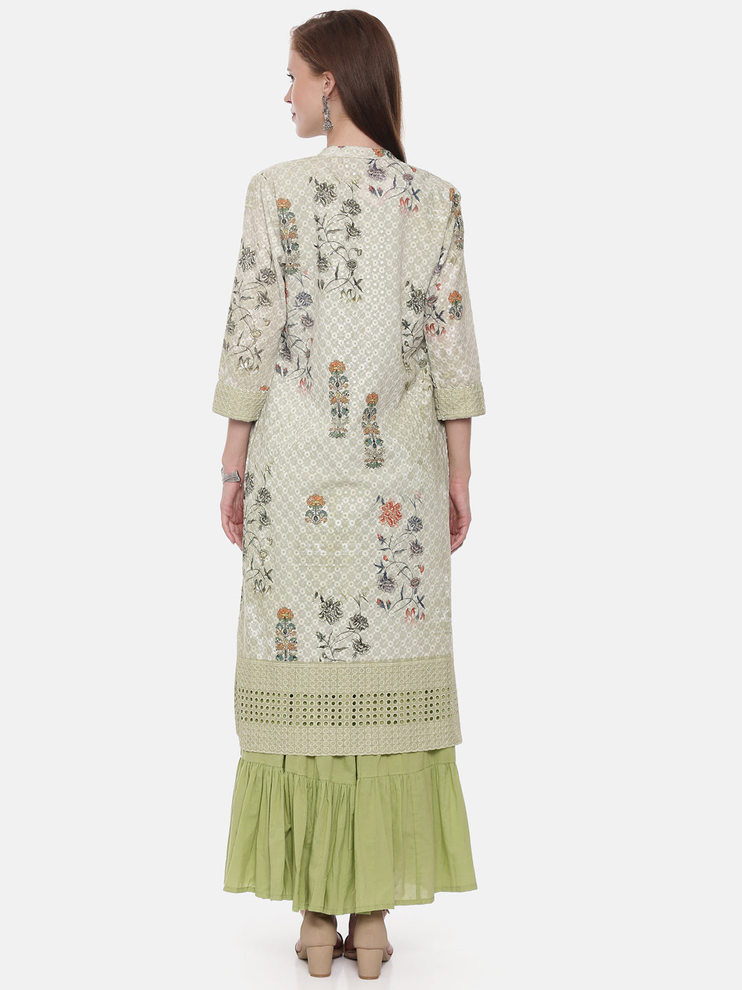 Neerus Green Embellished A Line Kurta With Shrug