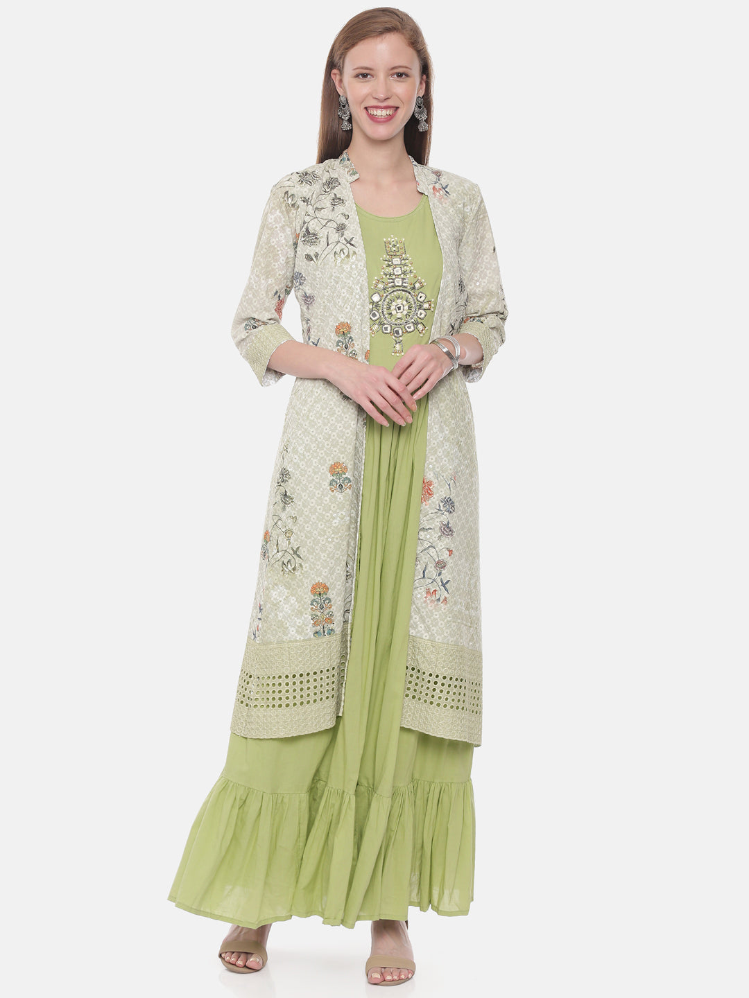 Neerus Green Embellished A Line Kurta With Shrug