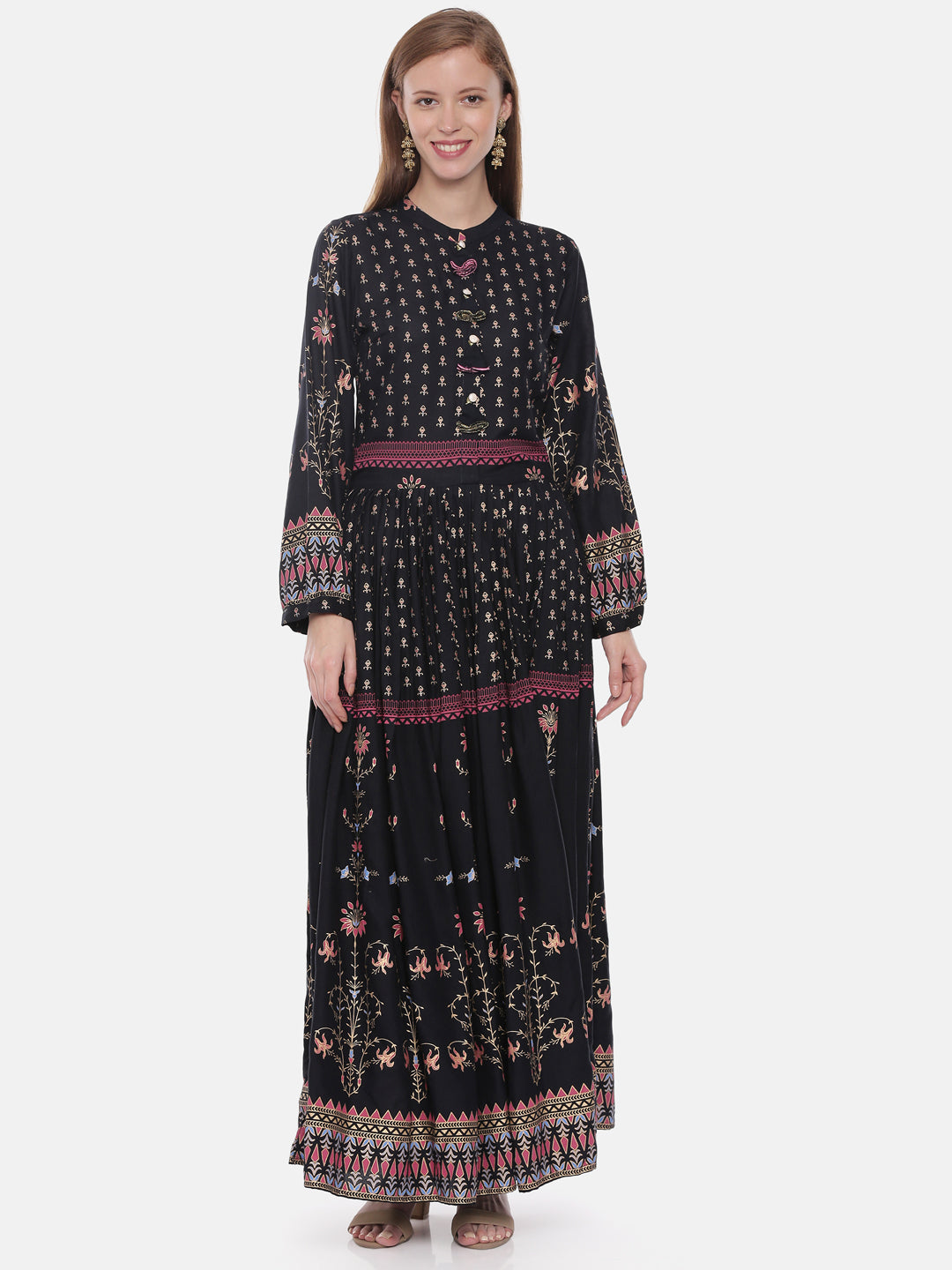 Neerus Black rayon printed anarkali kurta - front view