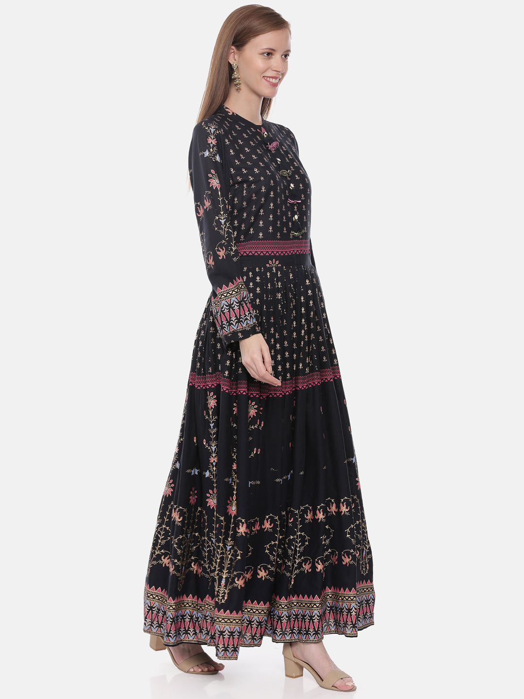 Neerus Black rayon printed anarkali kurta - detail view 1