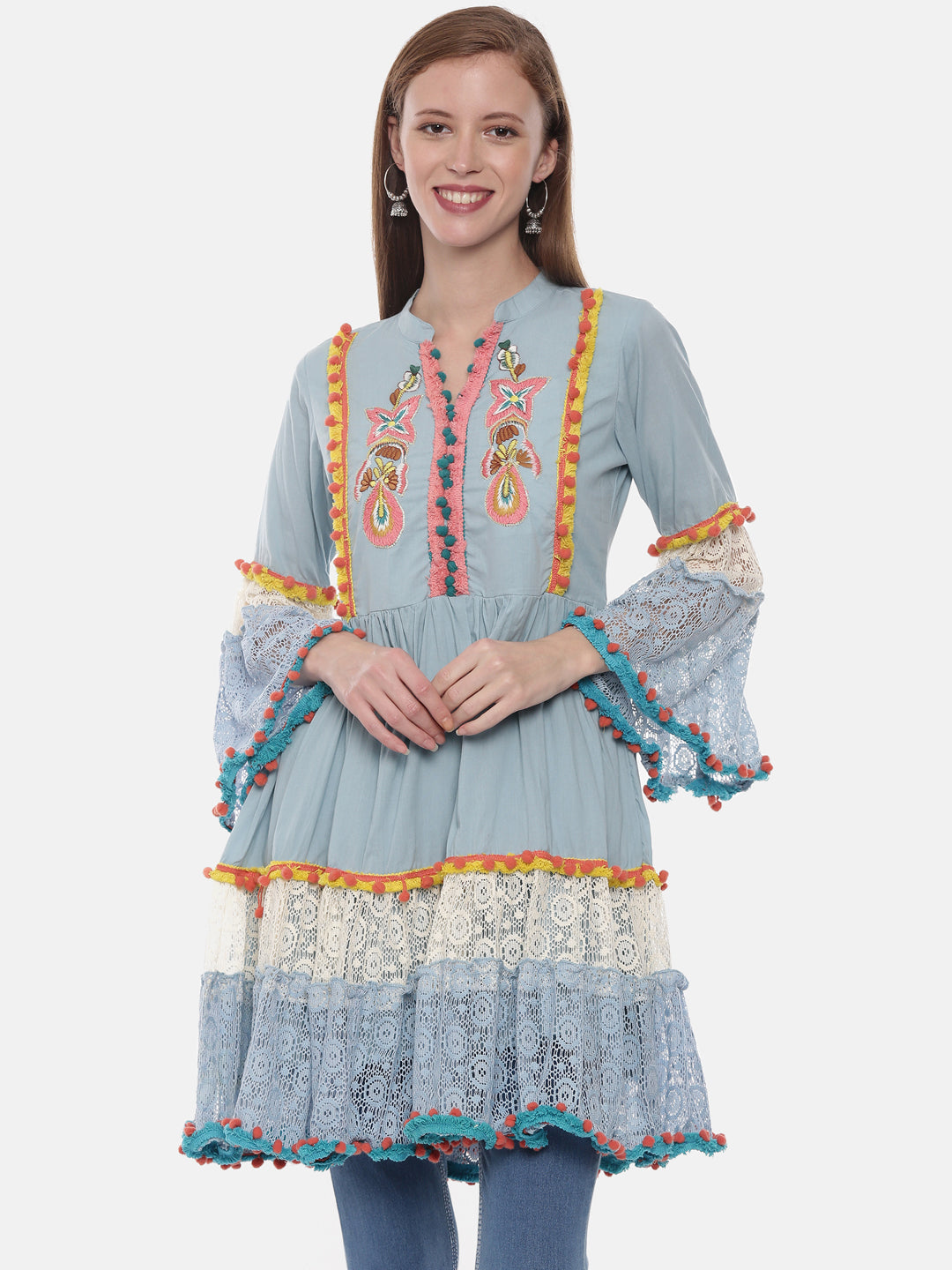 Neerus Blue Embroidered Fit & Flare Kurta