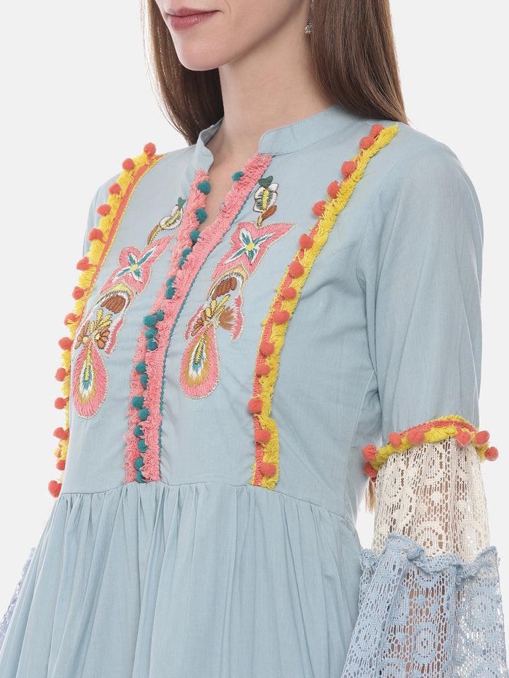 Neerus Blue Embroidered Fit & Flare Kurta