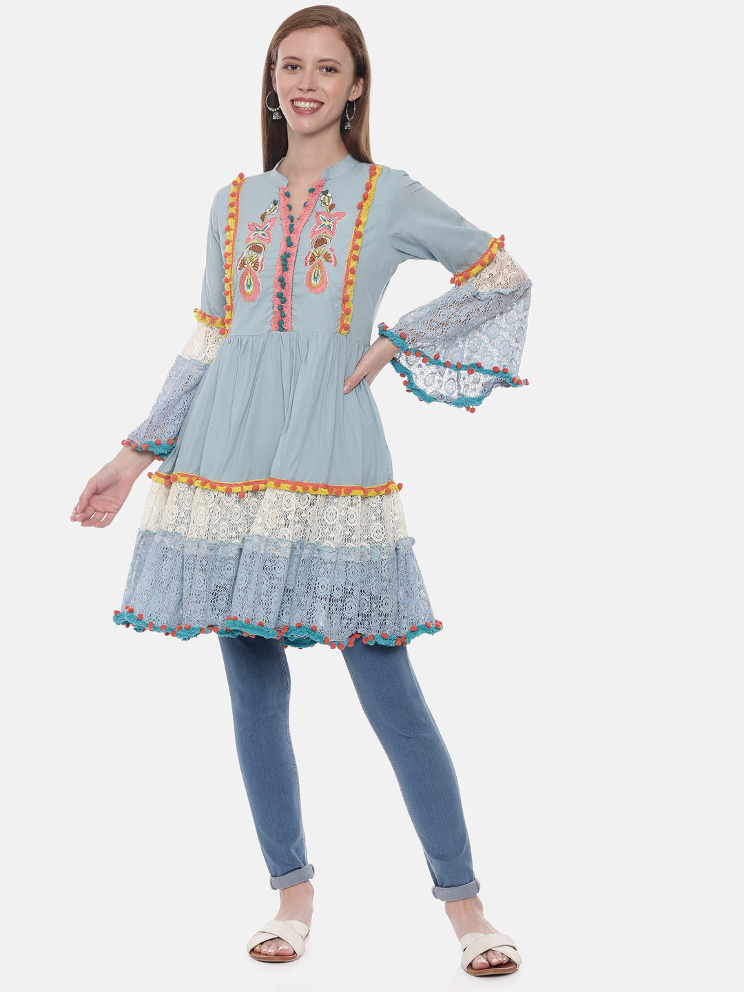 Neerus Blue Embroidered Fit & Flare Kurta