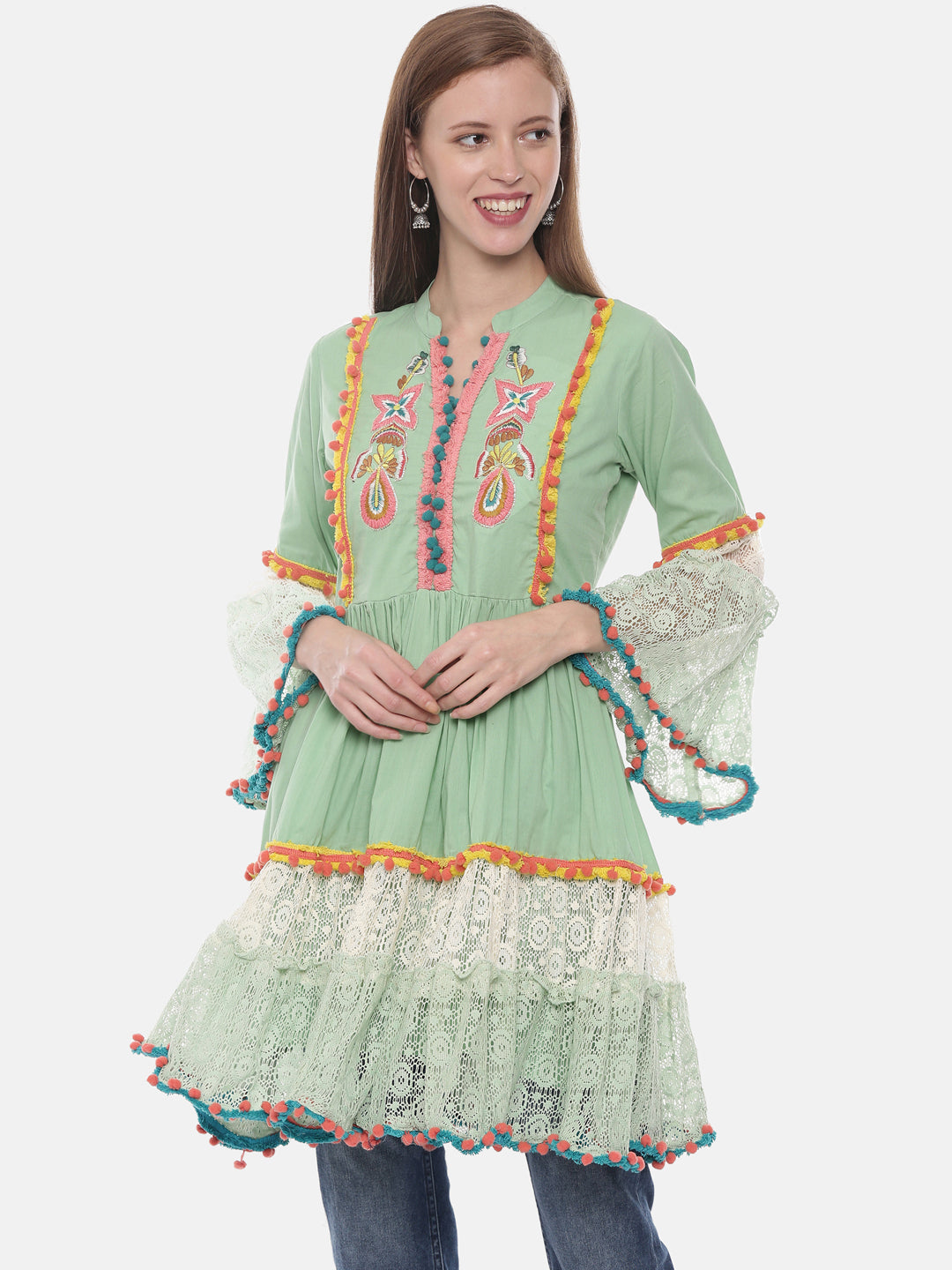 Neerus Green cotton embroidered flared kurta - detail view 3