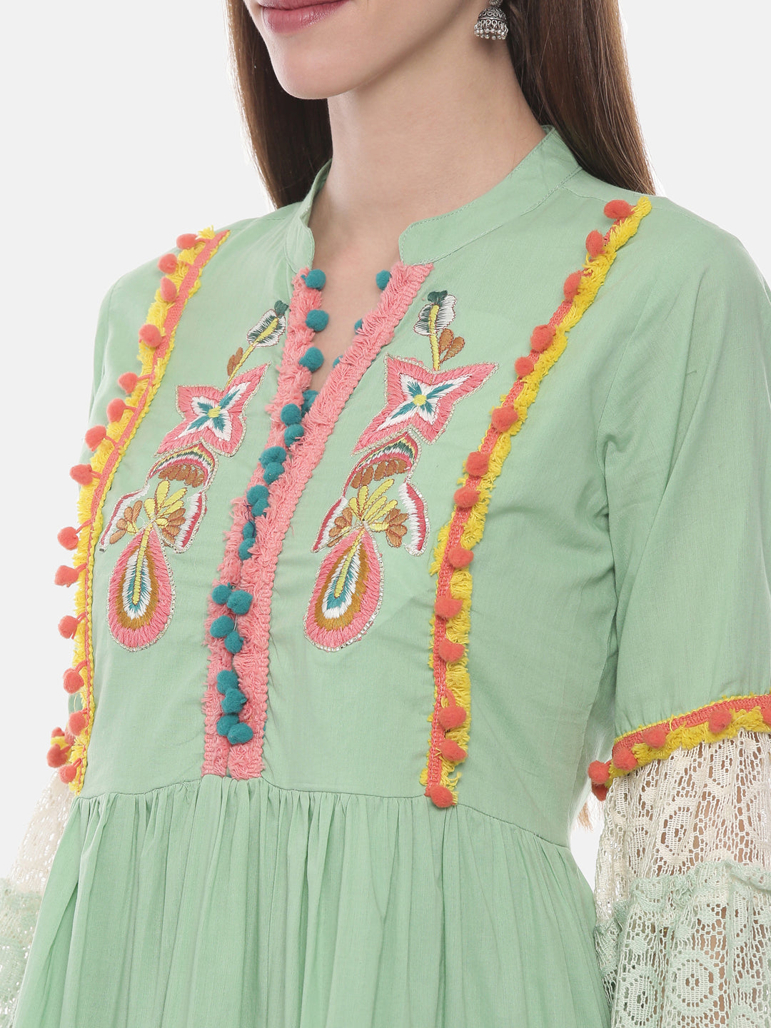 Neerus Green cotton embroidered flared kurta - back view