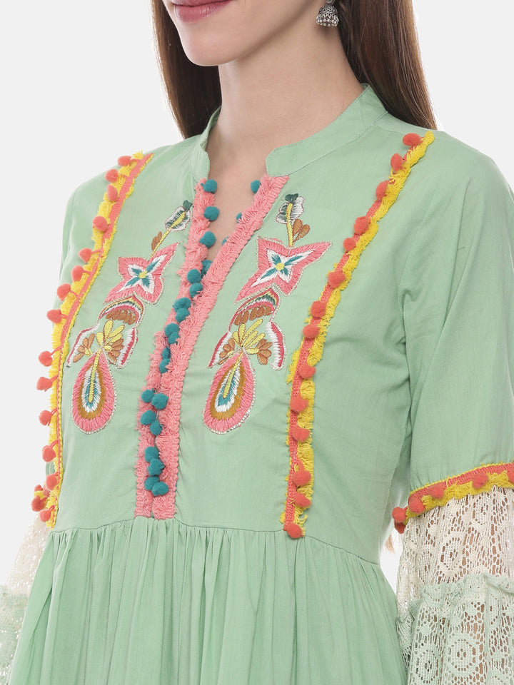 Neerus Green cotton embroidered flared kurta - back view