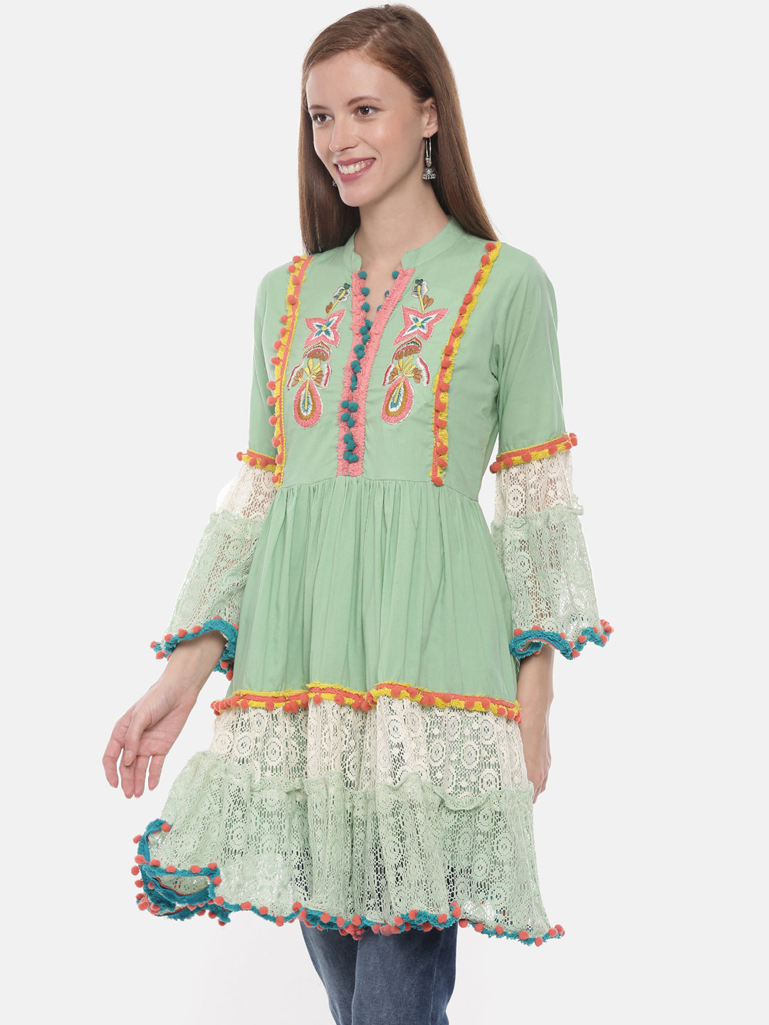 Neerus Green cotton embroidered flared kurta - side view