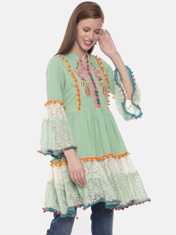 Neerus Green cotton embroidered flared kurta - detail view 1