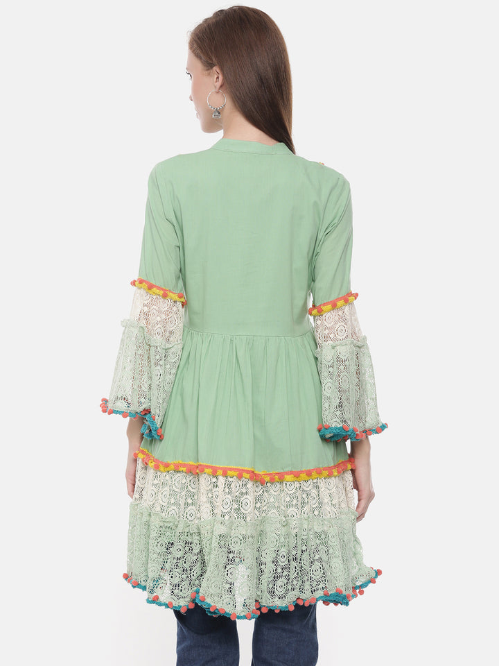 Neerus Green cotton embroidered flared kurta - detail view 2