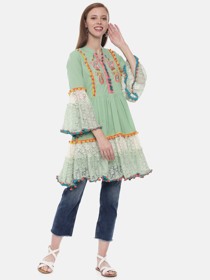 Neerus Green cotton embroidered flared kurta - front view