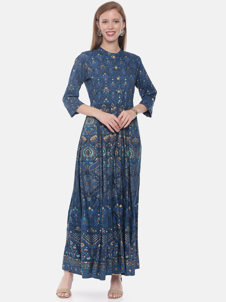 Neerus Blue Printed Anarkali Kurta
