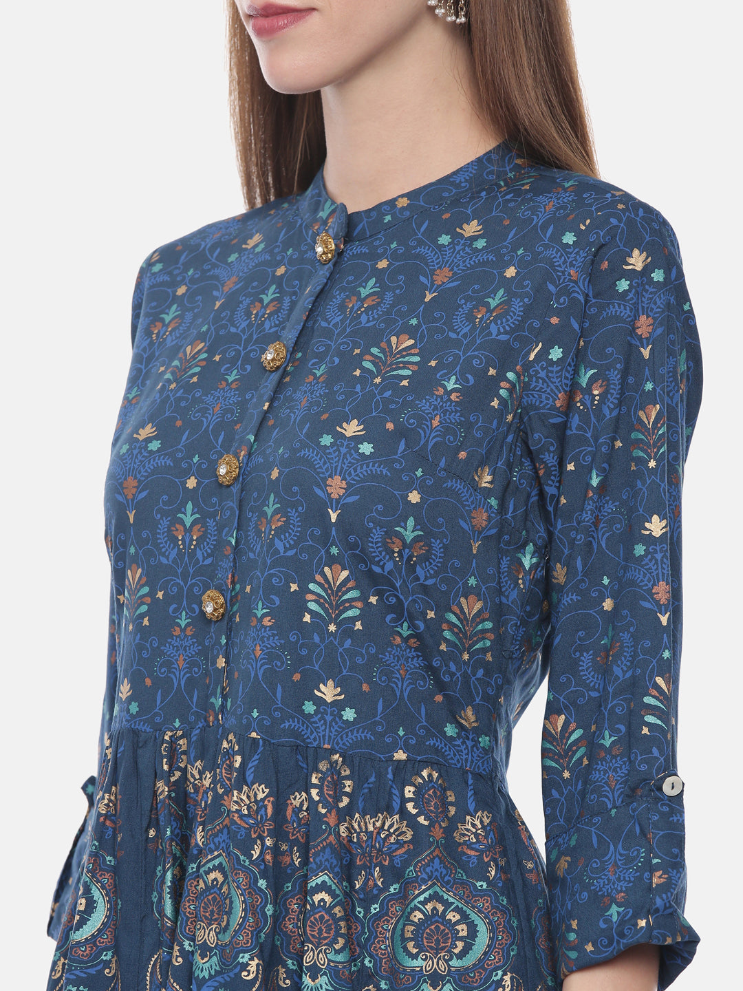 Neerus Blue Printed Anarkali Kurta