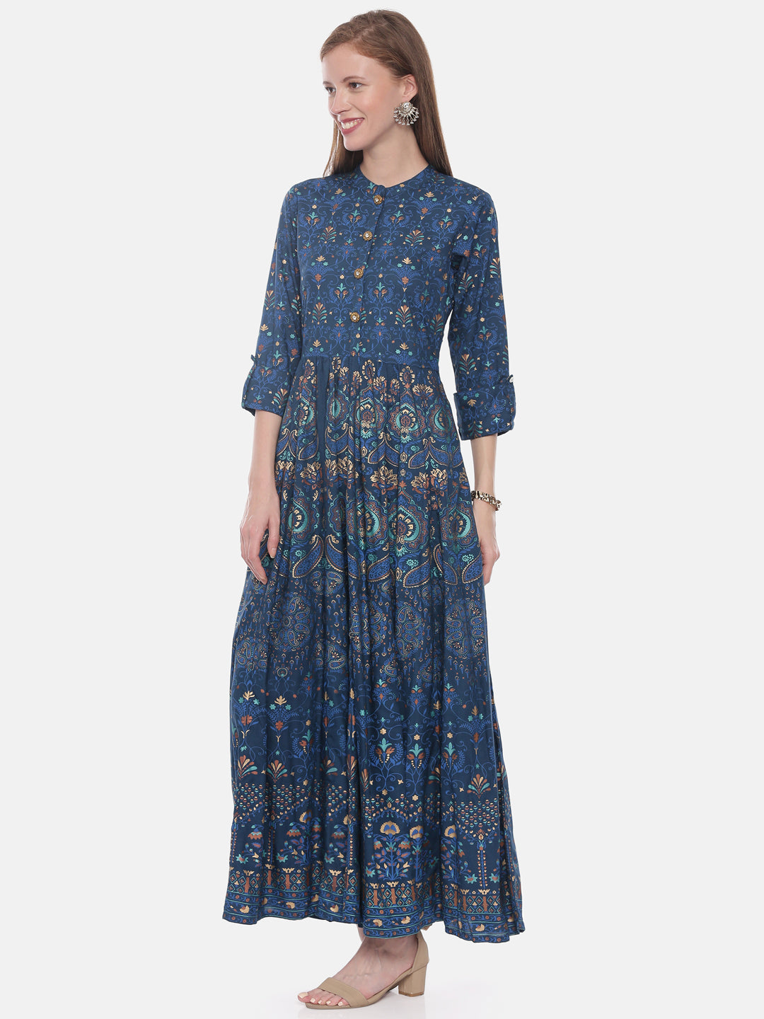 Neerus Blue Printed Anarkali Kurta