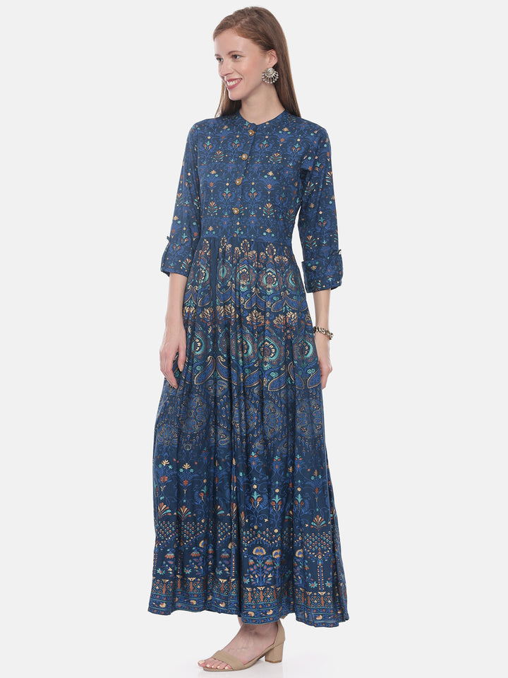 Neerus Blue Printed Anarkali Kurta