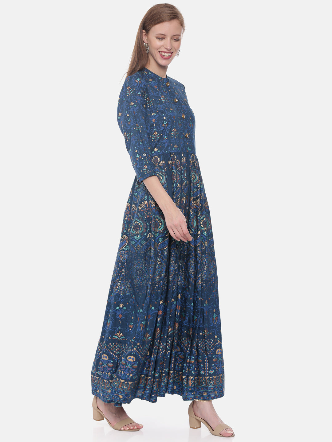 Neerus Blue Printed Anarkali Kurta