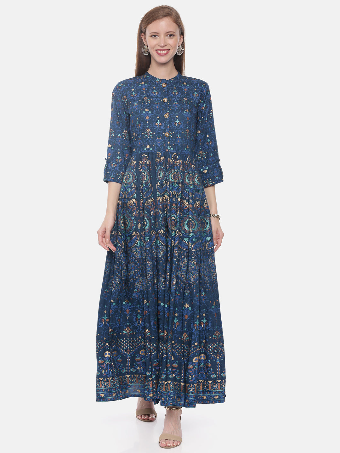 Neerus Blue Printed Anarkali Kurta