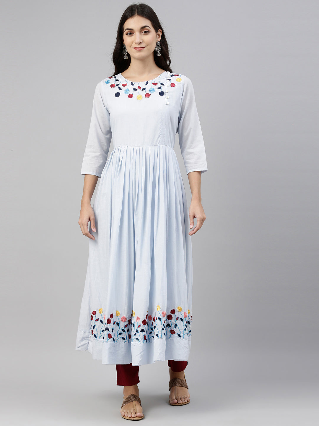 Neerus Blue cotton solid kurti tunic - front view