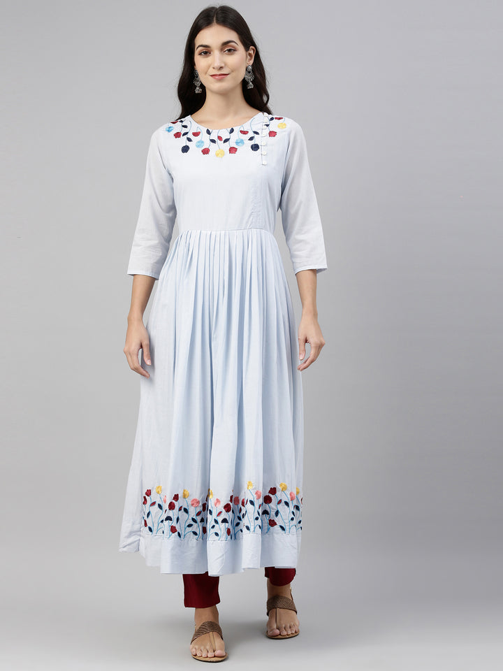 Neerus Blue cotton solid kurti tunic - front view