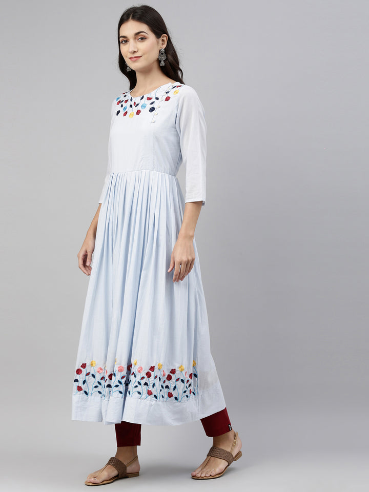 Neerus Blue cotton solid kurti tunic - side view