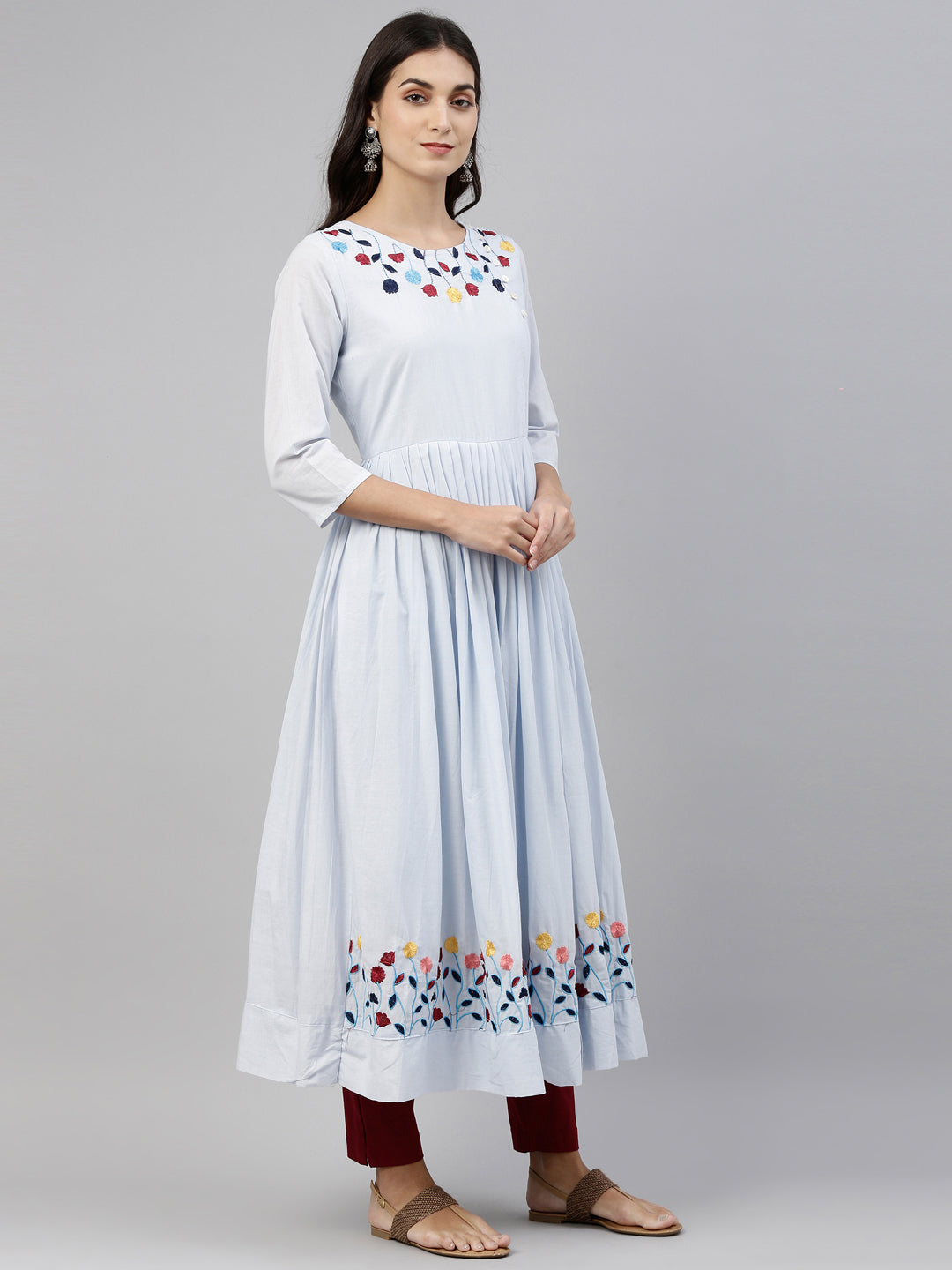 Neerus Blue cotton solid kurti tunic - detail view 1