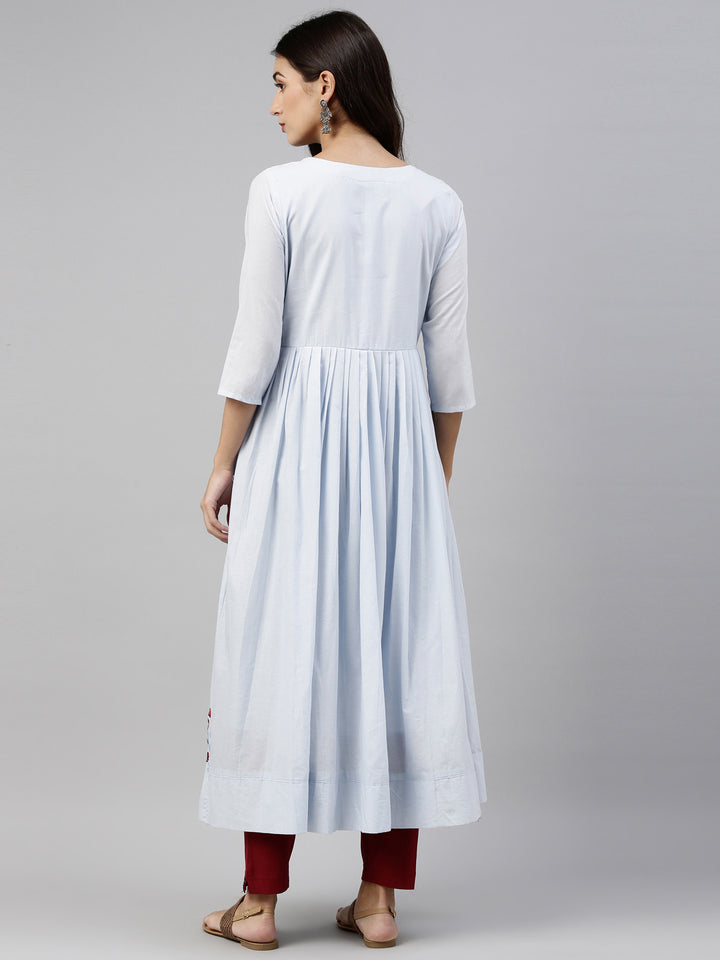 Neerus Blue cotton solid kurti tunic - detail view 2