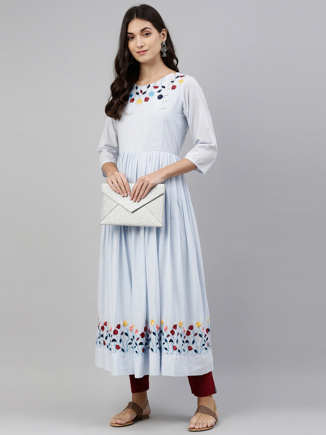 Neerus Blue cotton solid kurti tunic - detail view 3