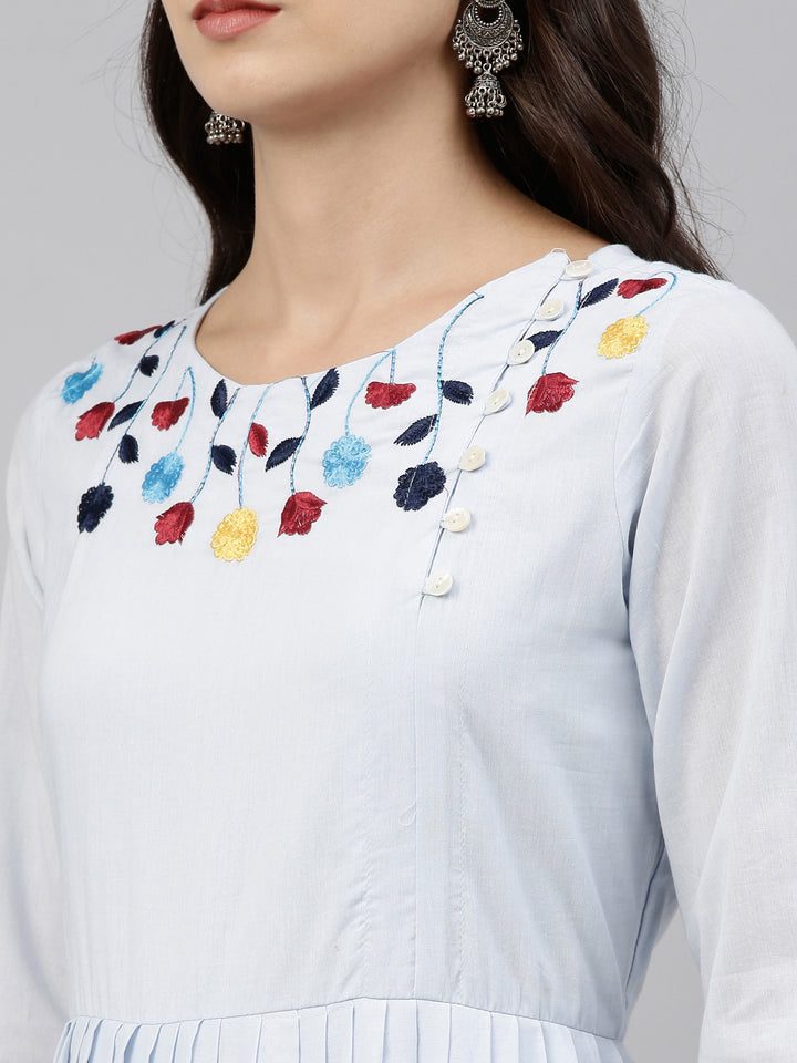 Neerus Blue cotton solid kurti tunic - detail view 4
