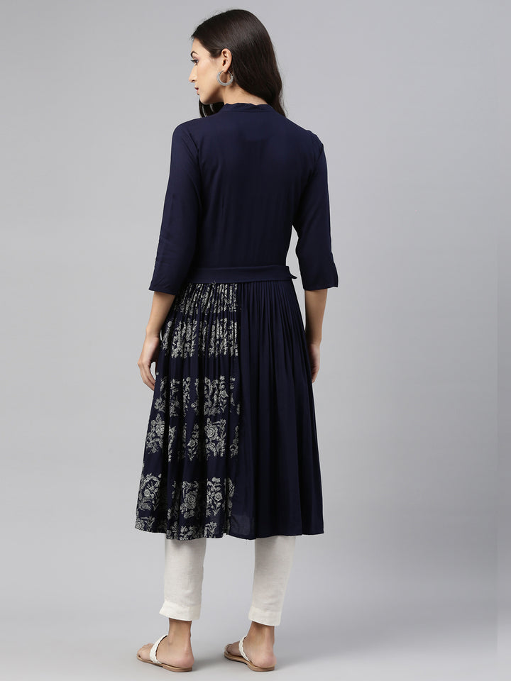 Neerus Navy Blue Color Rayon Fabric Tunic